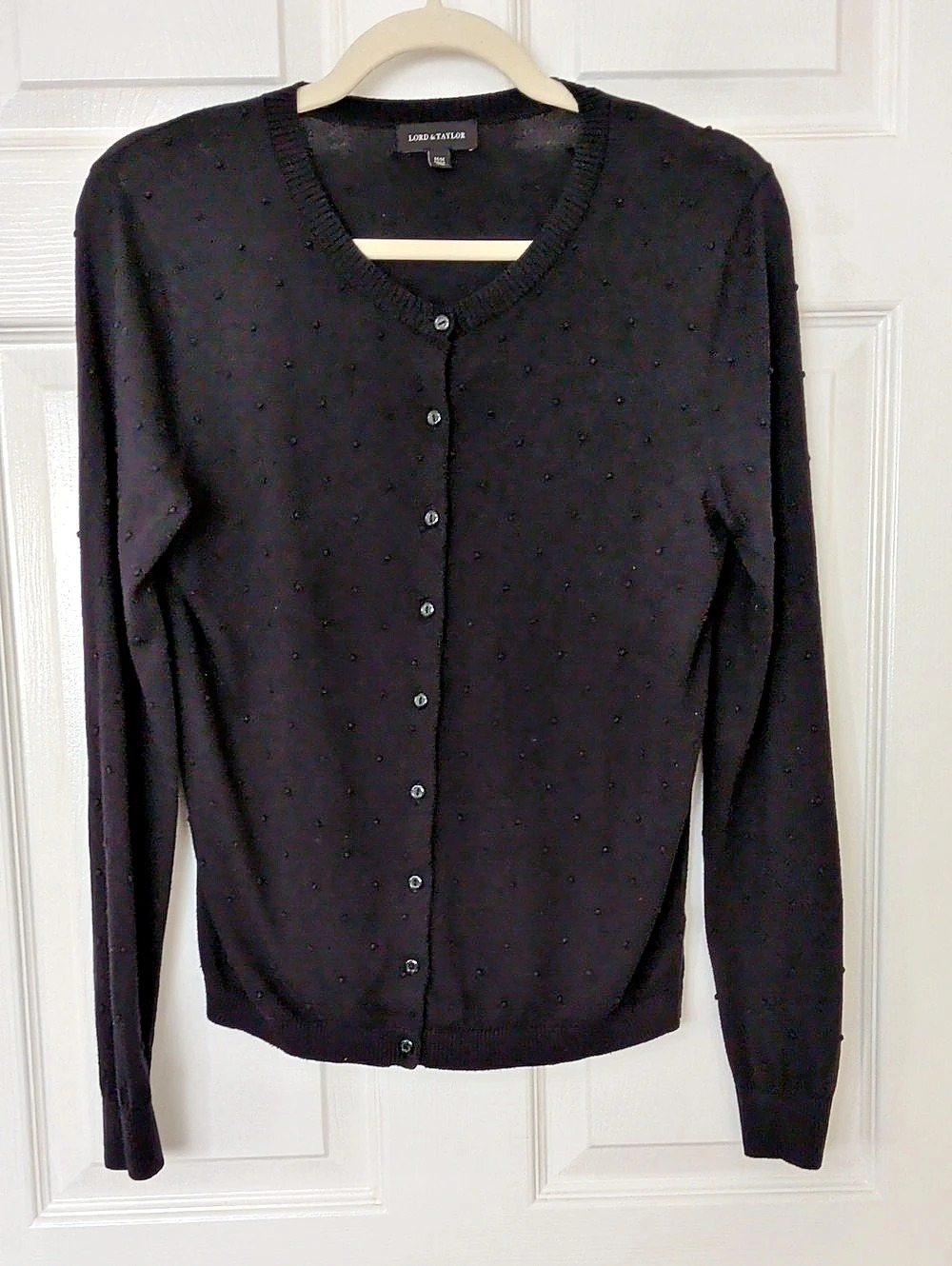 Lord & Taylor Dotted Knit Cardigan in Black Size Medium